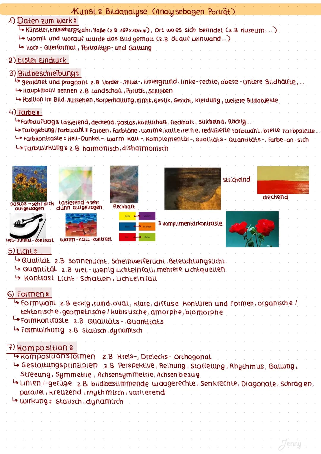 Kunst Bildanalyse (Analy sebogen Porträt)
1) Daten zum Werk:
um,...)
Künstler, Entstehungsjahr, Maße (z. B 127×101cm), Ort wo es sich befind