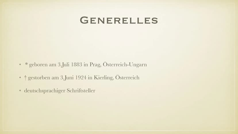 FRANZ KAFKA
BIOGRAFIE
FRIEDERIKE & SARA •
• Herkunft
●
Generelles
• Leben
●
●
●
●
Kindheit, Jugend, Ausbildung
Berufsleben
Krankheit und Tod