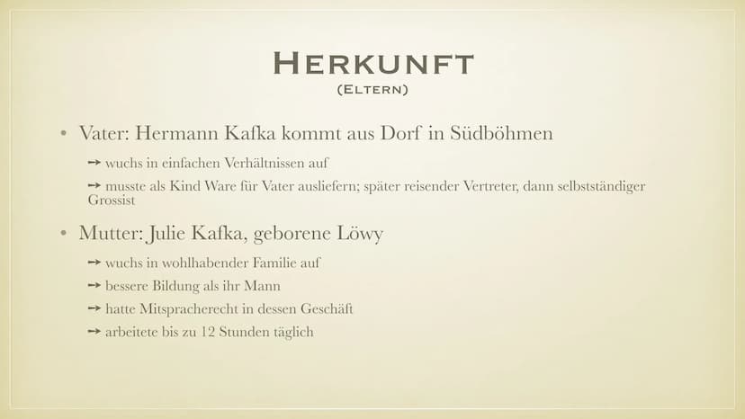 FRANZ KAFKA
BIOGRAFIE
FRIEDERIKE & SARA •
• Herkunft
●
Generelles
• Leben
●
●
●
●
Kindheit, Jugend, Ausbildung
Berufsleben
Krankheit und Tod