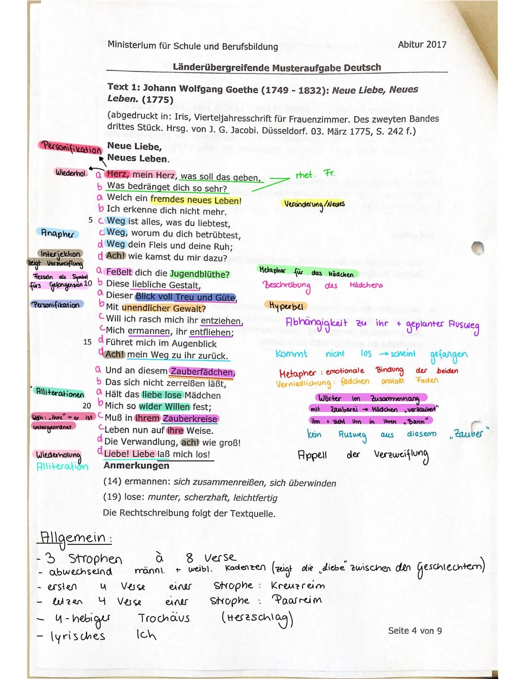 Personifikation
Wiederhol. a Herz, mein Herz, was soll das geben,
Was bedränget dich so sehr?
a Welch ein fremdes neues Leben!
b Ich erkenne