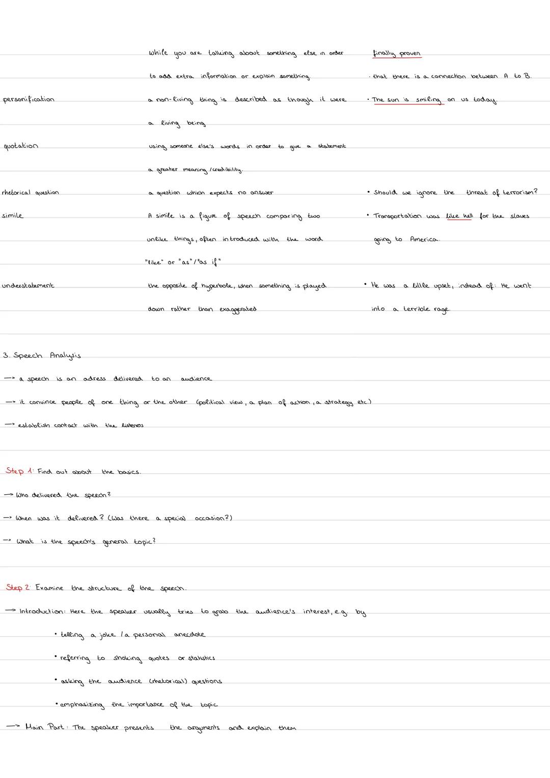 1 Summary
2. Stylistic Devices.
3. Speech Analysis
4. Comment
1. Summary-
Step 1: Who?, What?, When?, Where?, Why?, How?
-> Keep it short an
