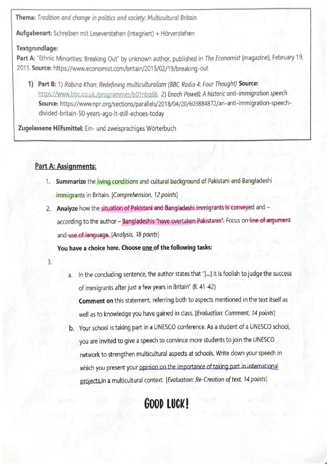 Multiculturalism Englisch LK Klausur 