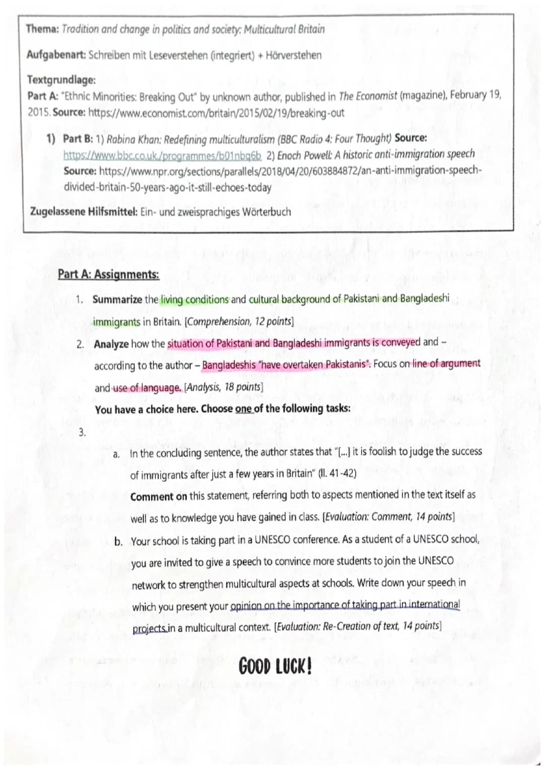 Thema: Tradition and change in politics and society: Multicultural Britain
Aufgabenart: Schreiben mit Leseverstehen (integriert) + Hörverste