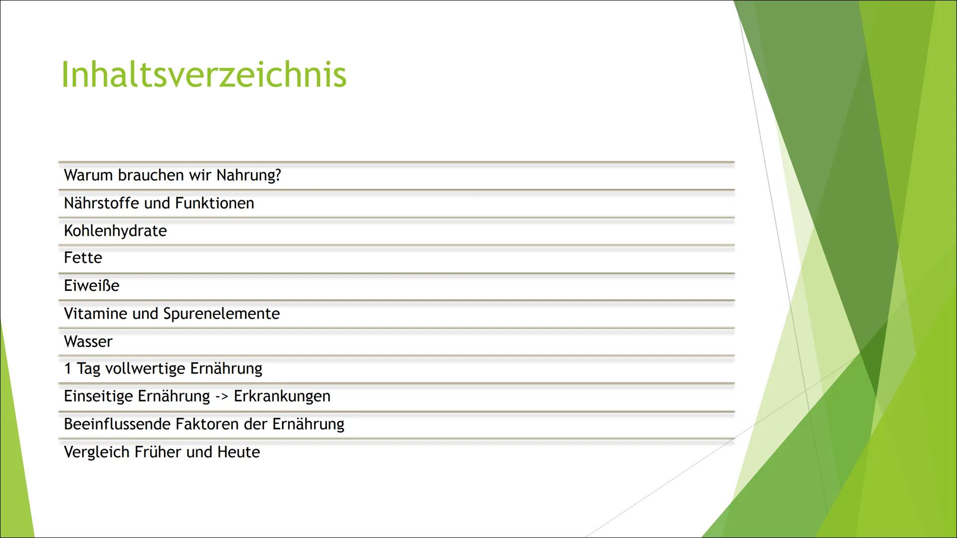 Grundlagen der
Ernährung
Co Inhaltsverzeichnis
Warum brauchen wir Nahrung?
Nährstoffe und Funktionen
Kohlenhydrate
Fette
Eiweiße
Vitamine un