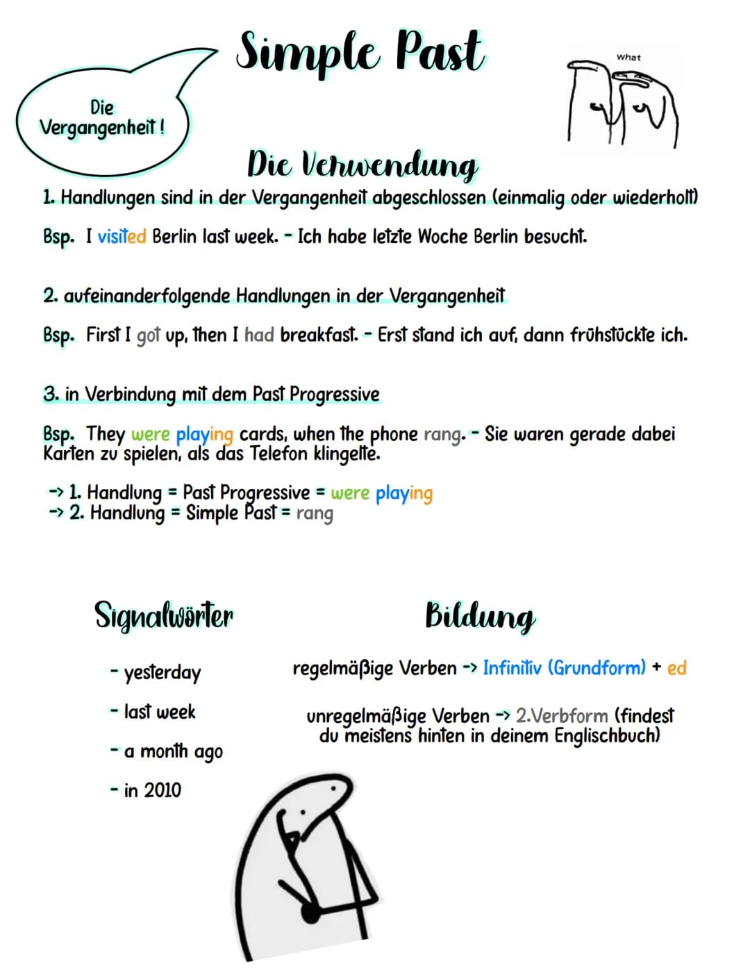 Die
Vergangenheit!
Simple Past
Die Verwendung
1. Handlungen sind in der Vergangenheit abgeschlossen (einmalig oder wiederholt)
Bsp. I visite