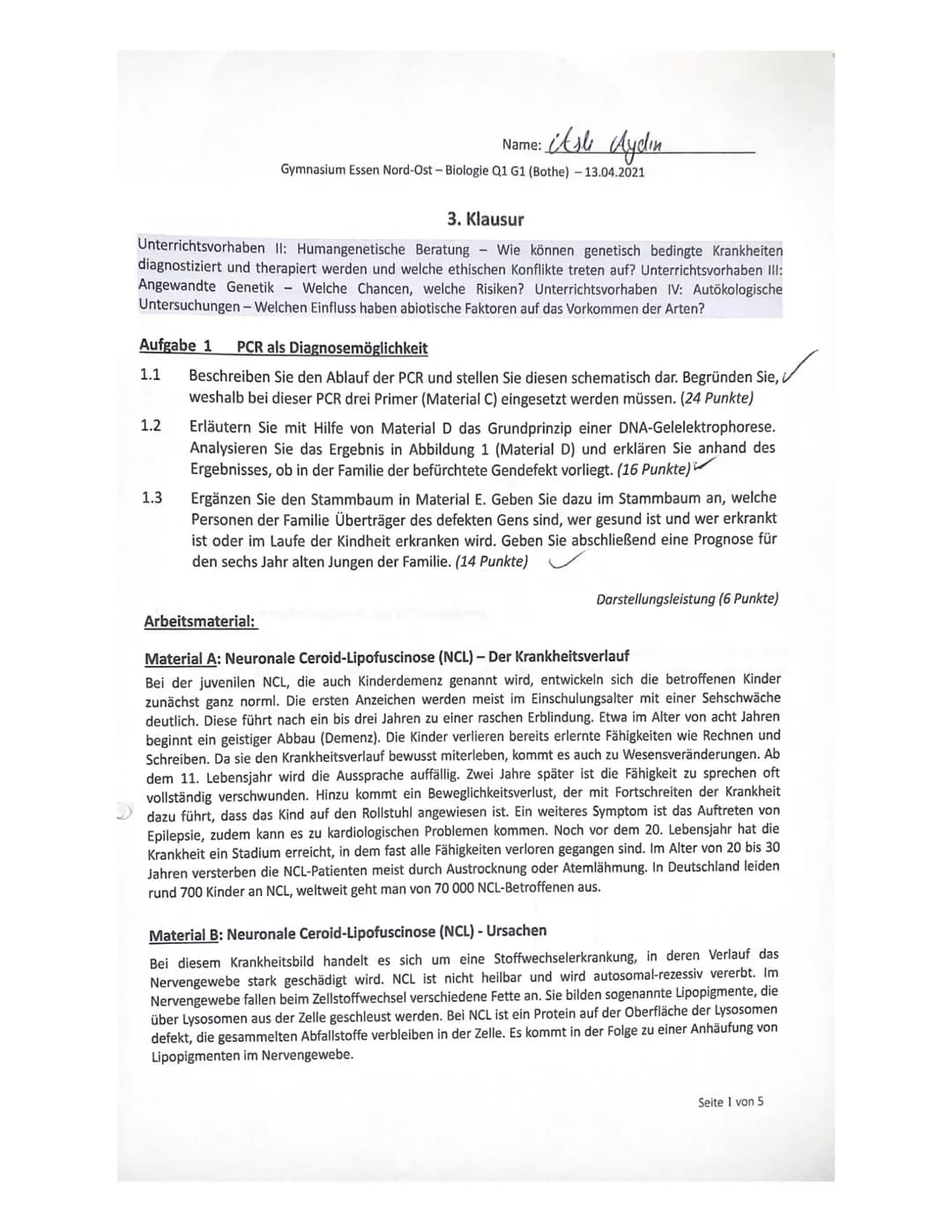 3. Klausur
Unterrichtsvorhaben II: Humangenetische Beratung - Wie können genetisch bedingte Krankheiten
diagnostiziert und therapiert werden