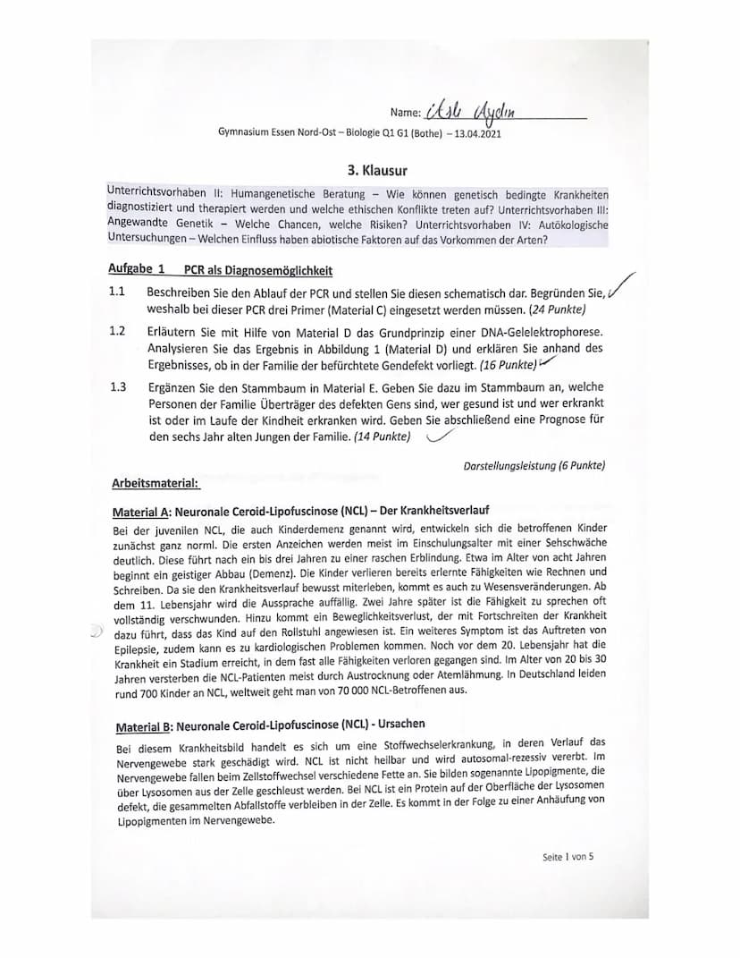 3. Klausur
Unterrichtsvorhaben II: Humangenetische Beratung - Wie können genetisch bedingte Krankheiten
diagnostiziert und therapiert werden
