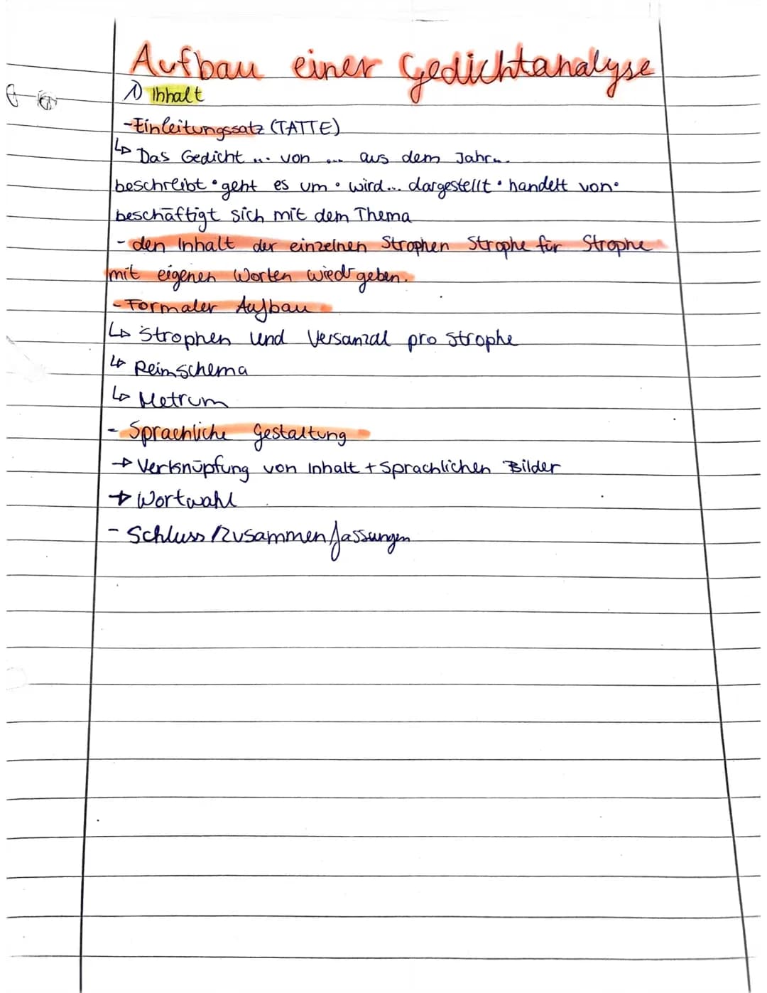 Aufbau einer Gedichtanalyse
Inhalt
-Einleitungssatz (TATTE)
Das Gedicht... von.
14D
aus dem Jahr...
beschreibt • geht es um wird... dargeste