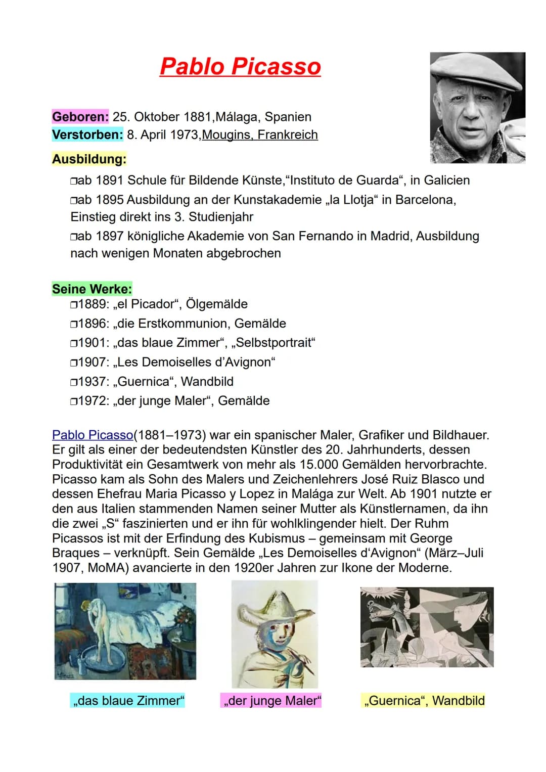 
<h2 id="lebenslaufkurz">Lebenslauf kurz</h2>
<p>Pablo Picasso wurde am 25. Oktober 1881 in Málaga, Spanien, geboren und verstarb am 8. Apri