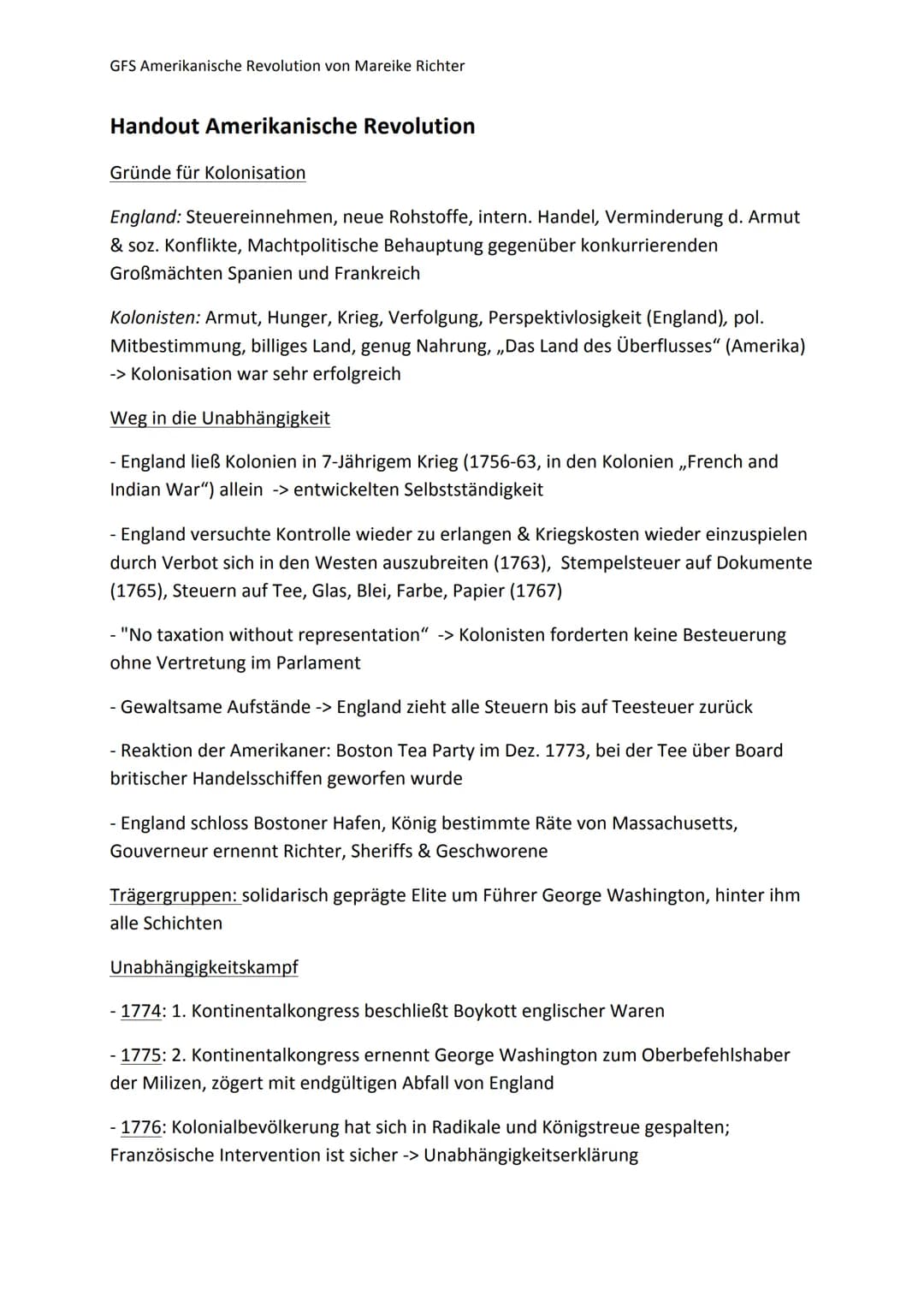 GFS Amerikanische Revolution von Mareike Richter
Handout Amerikanische Revolution
Gründe für Kolonisation
England: Steuereinnehmen, neue Roh