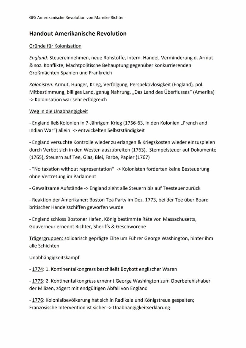 GFS Amerikanische Revolution von Mareike Richter
Handout Amerikanische Revolution
Gründe für Kolonisation
England: Steuereinnehmen, neue Roh