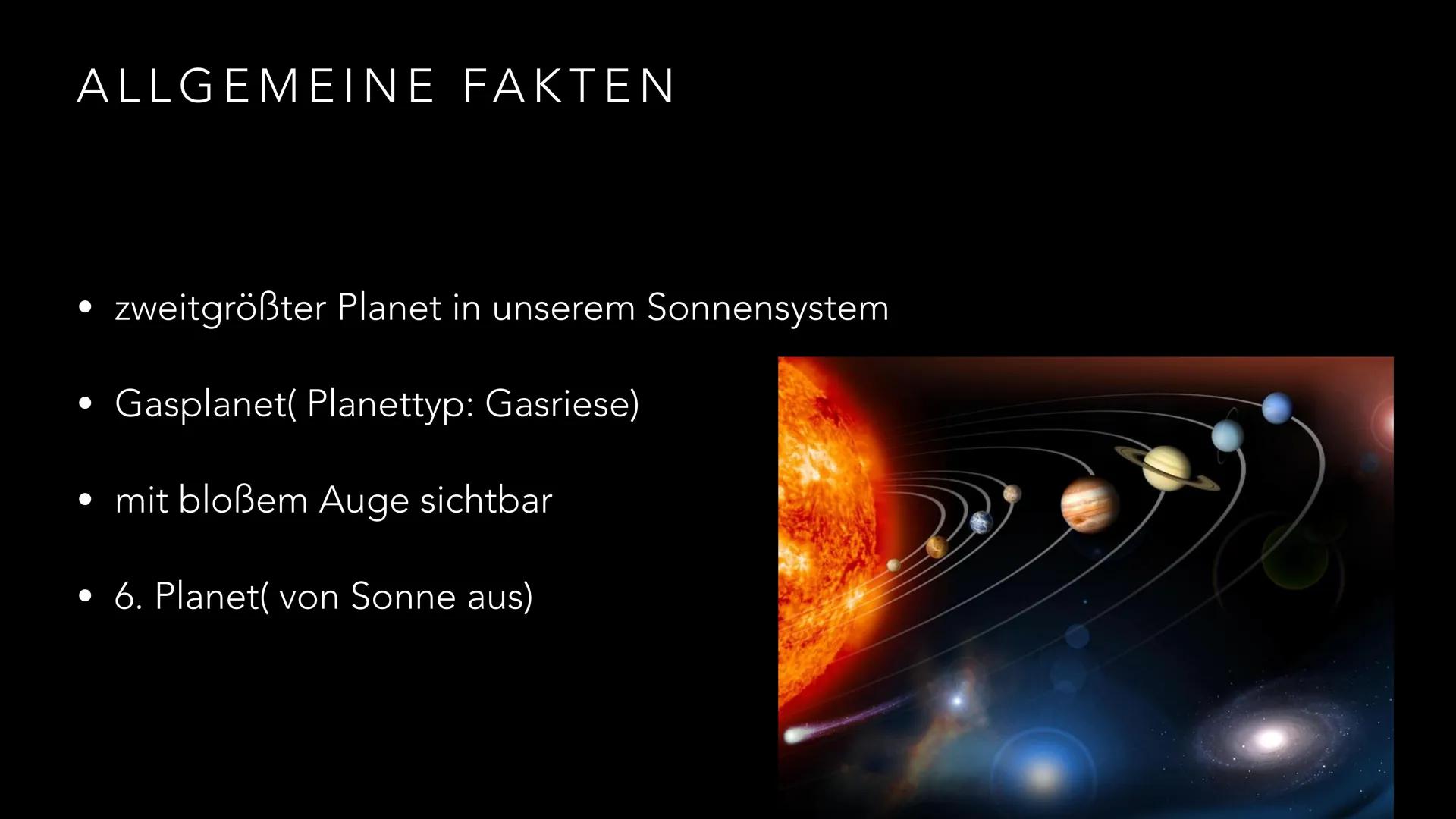 # DER PLANET
SATURN

PRÄSENTATION VON LIA UND LARISSA INHALTSANGABE

• 1. Allgemeine Fakten
• 2. Geschichte
• 3. Zusammensetzung
• 4. Oberfl