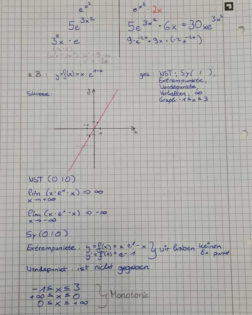 • Elementare Funktionen
1. Exponential funktion
e- Etersche Zahl
IR
e =
=
1
O!
ह
2 - 4
+
ke=0
#
(KEIN)
314
ул
e
lim ex
x+∞
-1
1
K!
(Fakultät