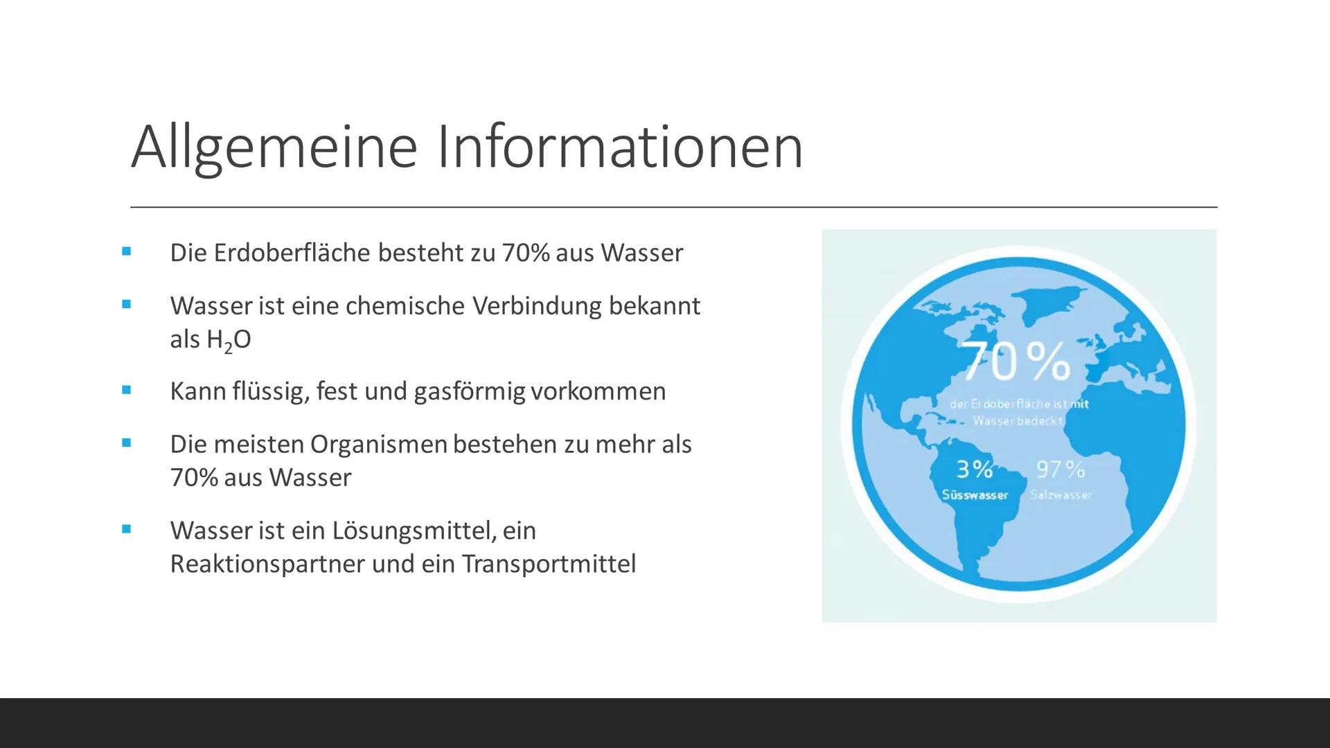 Präsentation von
Darlene Oelmann
Wasser
DAS WASSER UND SEINE
CHEMISCHE UND
BIOLOGISCHE BEDEUTUNG Inhalt der Präsentation
01
Allgemeine
Infor