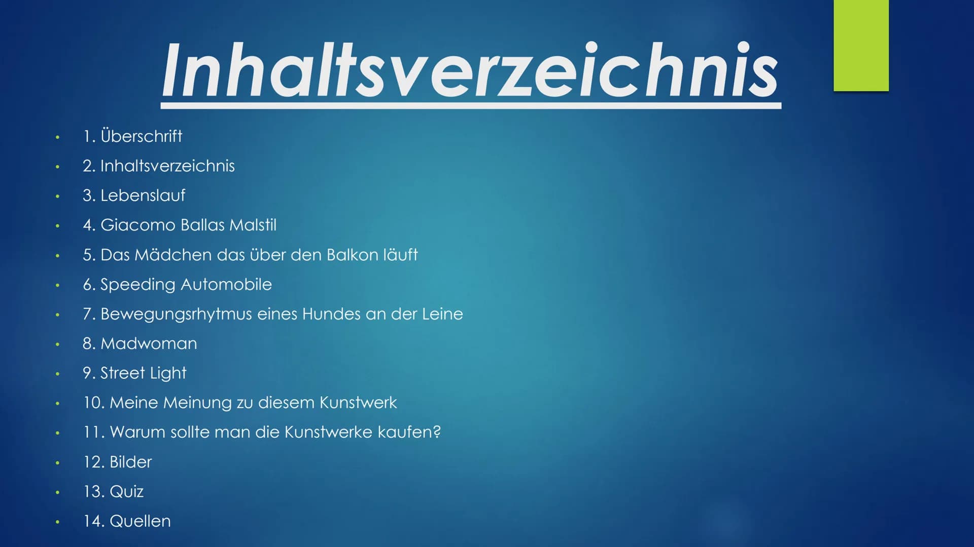 Giacomo Balla
Von Angelina Gerstel Inhaltsverzeichnis
1. Überschrift
2. Inhaltsverzeichnis
3. Lebenslauf
4. Giacomo Ballas Malstil
5. Das Mä