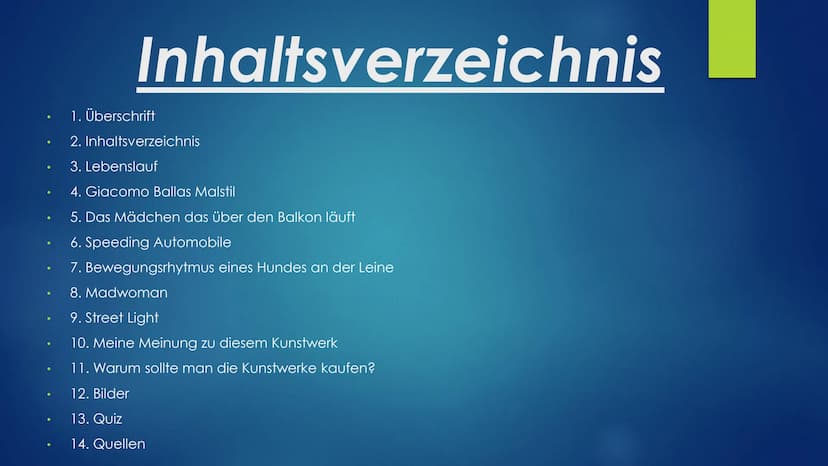 Giacomo Balla
Von Angelina Gerstel Inhaltsverzeichnis
1. Überschrift
2. Inhaltsverzeichnis
3. Lebenslauf
4. Giacomo Ballas Malstil
5. Das Mä