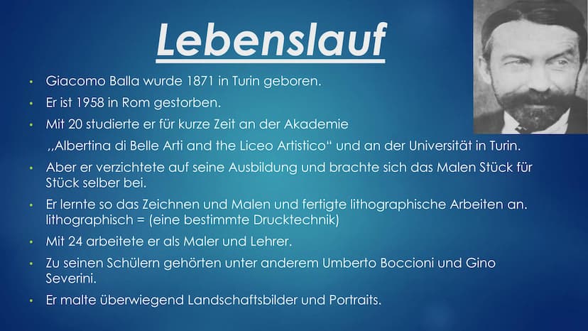 Giacomo Balla
Von Angelina Gerstel Inhaltsverzeichnis
1. Überschrift
2. Inhaltsverzeichnis
3. Lebenslauf
4. Giacomo Ballas Malstil
5. Das Mä
