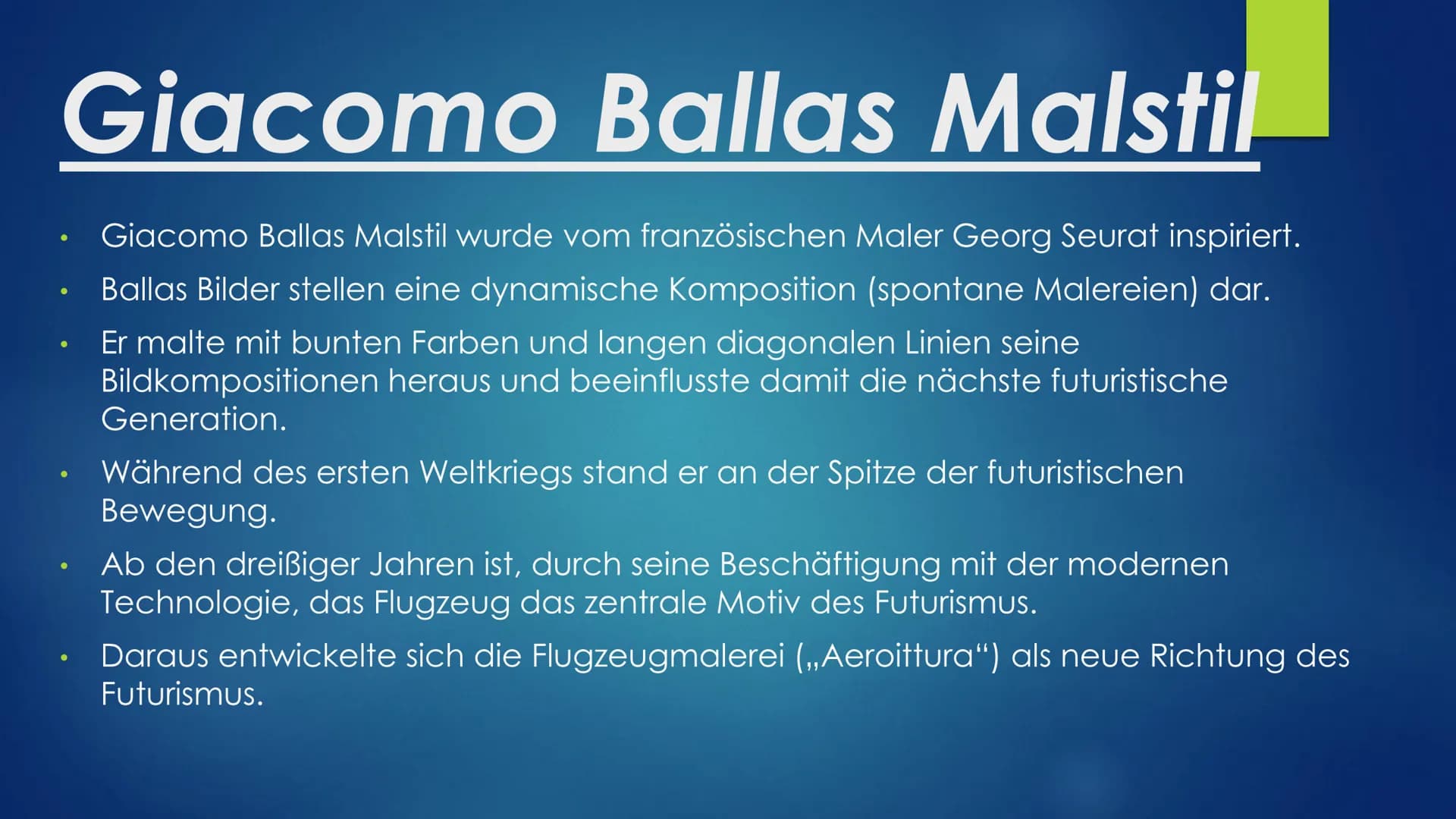 Giacomo Balla
Von Angelina Gerstel Inhaltsverzeichnis
1. Überschrift
2. Inhaltsverzeichnis
3. Lebenslauf
4. Giacomo Ballas Malstil
5. Das Mä