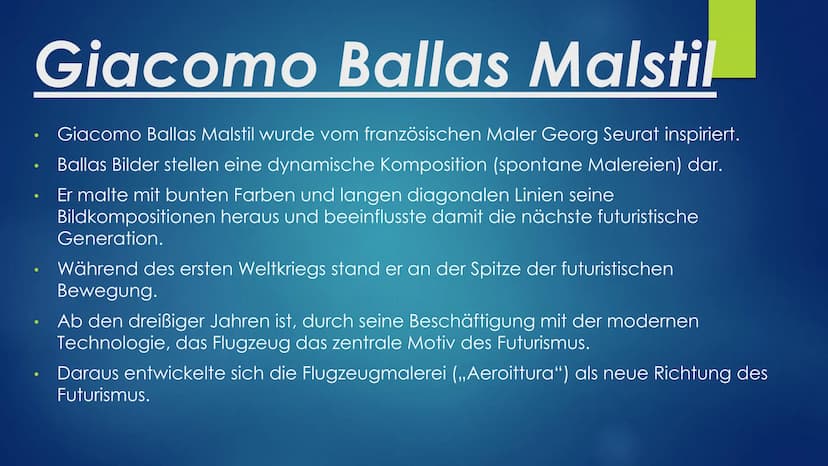 Giacomo Balla
Von Angelina Gerstel Inhaltsverzeichnis
1. Überschrift
2. Inhaltsverzeichnis
3. Lebenslauf
4. Giacomo Ballas Malstil
5. Das Mä