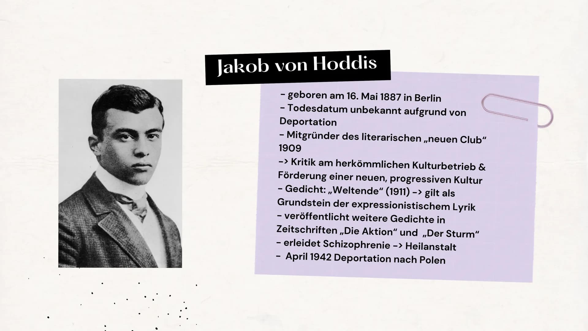 Lyrik des Expressionismus Inhalt
1
2
3
Historischer Kontext
Themen & Motive
Sprachliche Merkmale, Stilmittel
4
5
6
Vertreter des Expressioni