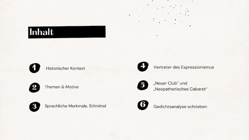 Lyrik des Expressionismus Inhalt
1
2
3
Historischer Kontext
Themen & Motive
Sprachliche Merkmale, Stilmittel
4
5
6
Vertreter des Expressioni