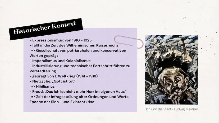 Lyrik des Expressionismus Inhalt
1
2
3
Historischer Kontext
Themen & Motive
Sprachliche Merkmale, Stilmittel
4
5
6
Vertreter des Expressioni