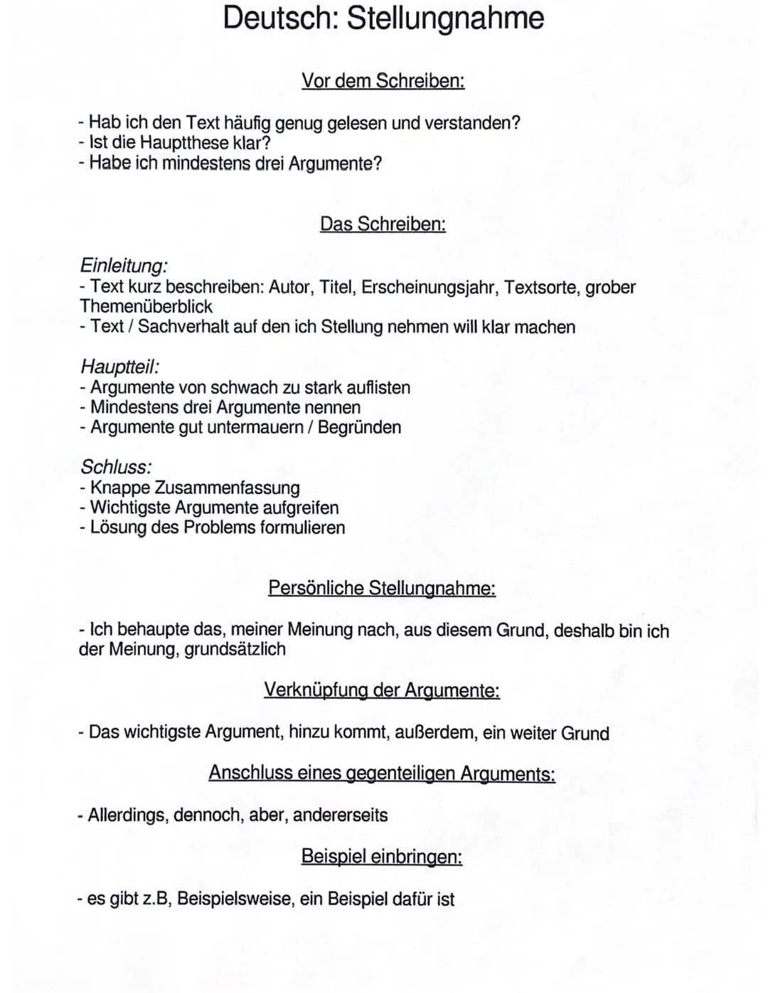 Deutsch: Stellungnahme
Vor dem Schreiben:
- Hab ich den Text häufig genug gelesen und verstanden?
- Ist die Hauptthese klar?
- Habe ich mind