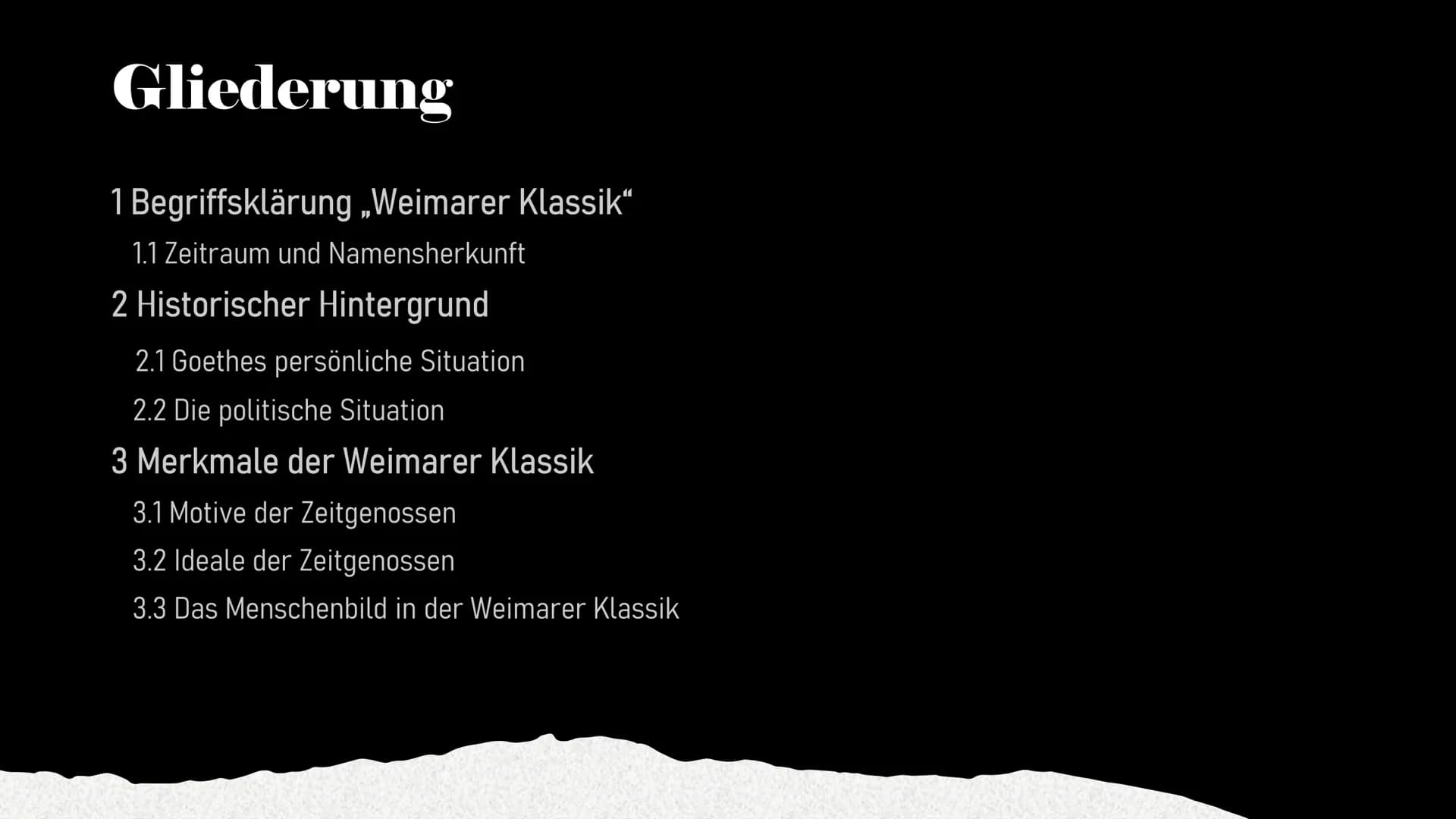 Weimarer Klassik
Eine Epoche der Deutschen Literatur
Sophia Pipew, Til Burkhardt, Eva Gedig
10.11.2021
Abb.1 Gliederung
1 Begriffsklärung „W