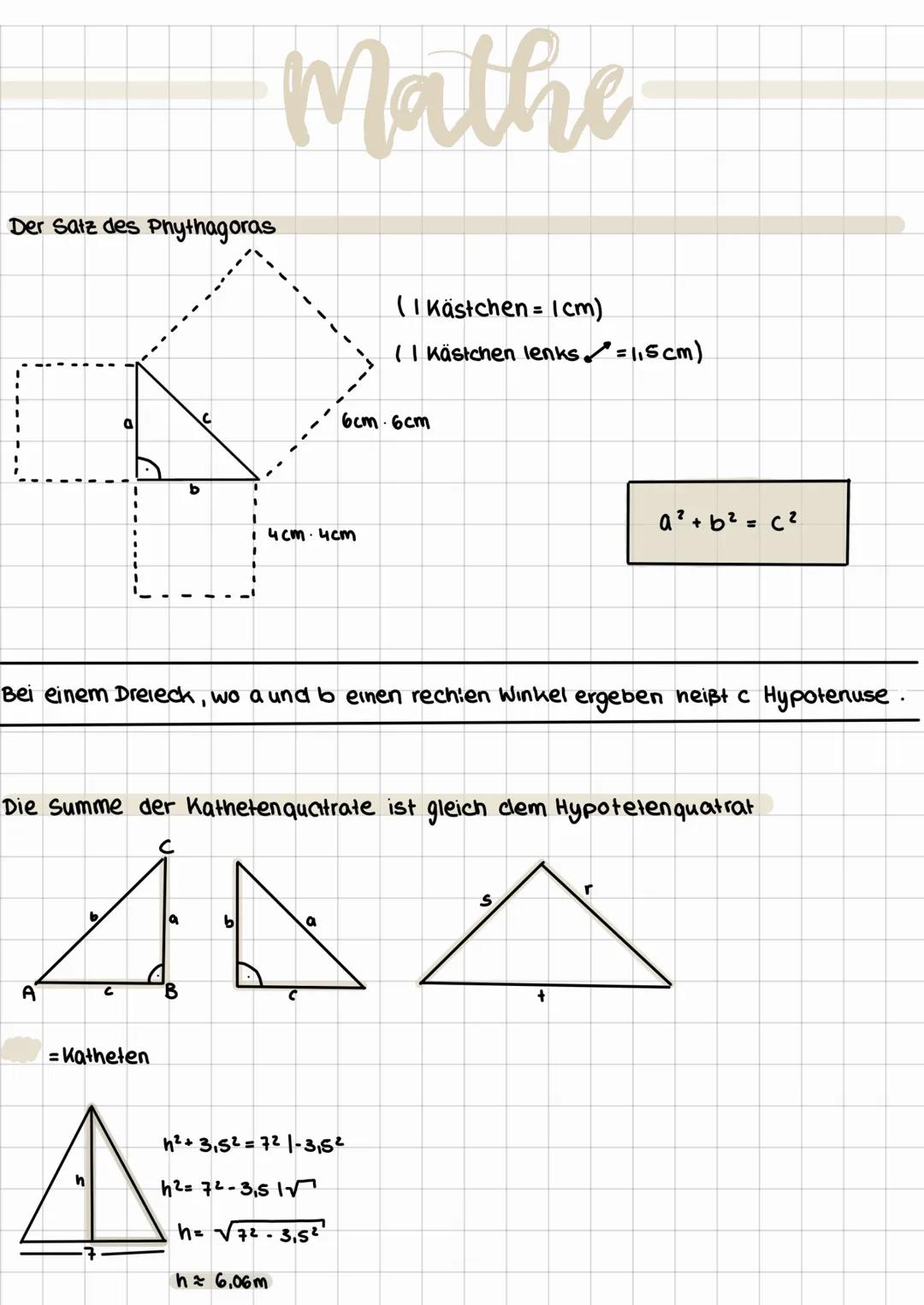 Der Satz des Phythagoras

a

b

Mathe

(I Kästchen = 1 cm)

(I kästchen lenks=115cm)

6cm-6cm

4cm 4cm

$a² + b² = c2$

Bei einem Dreieck, w