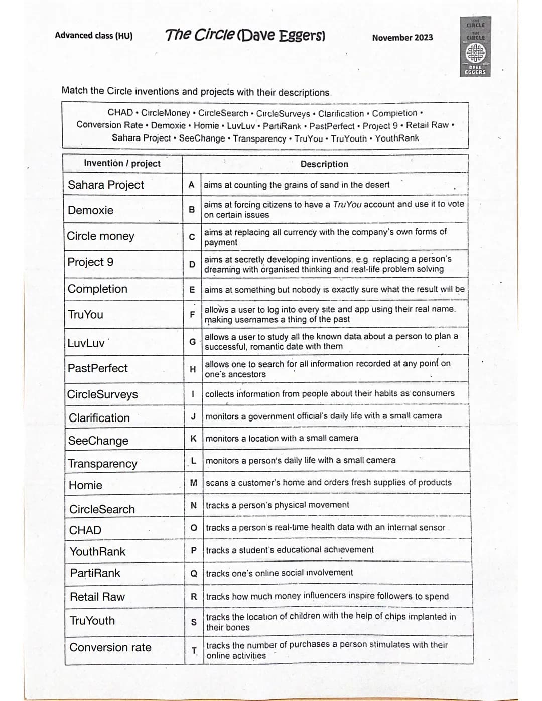 Advanced class (HU)
Invention / project
Match the Circle inventions and projects with their descriptions.
CHAD CircleMoney CircleSearch Circ