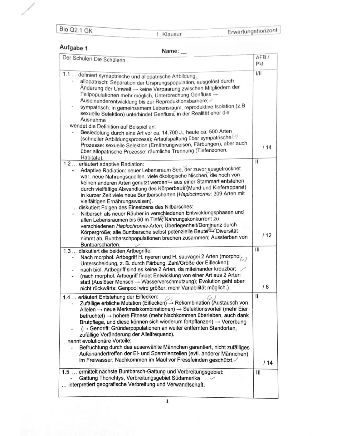 GK Q2.1 Biologie (HOR)
Die zu den Knochenfischen zählenden Buntbarsche
oder Cichliden (Cichlidae) bilden mit ca. 1700
beschriebenen Arten di
