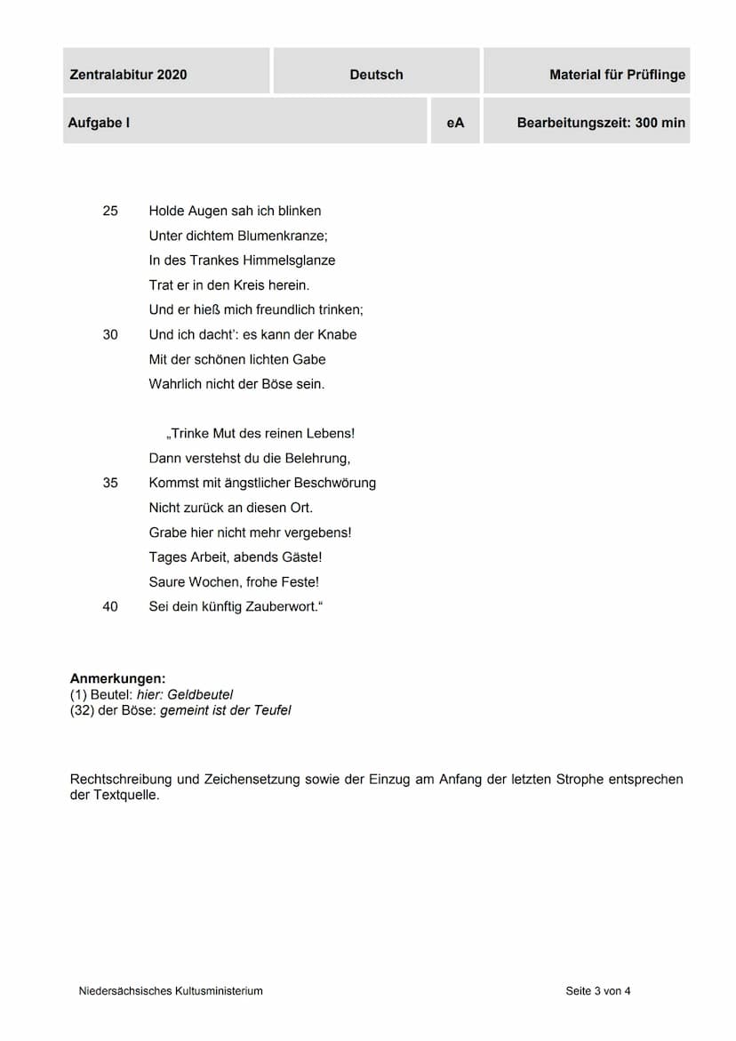 Zentralabitur 2020
Aufgabe I
Deutsch
Aufgabenart
Textbezogenes Schreiben: Interpretation literarischer Texte
eA
Gewichtung der Aufgaben:
Auf