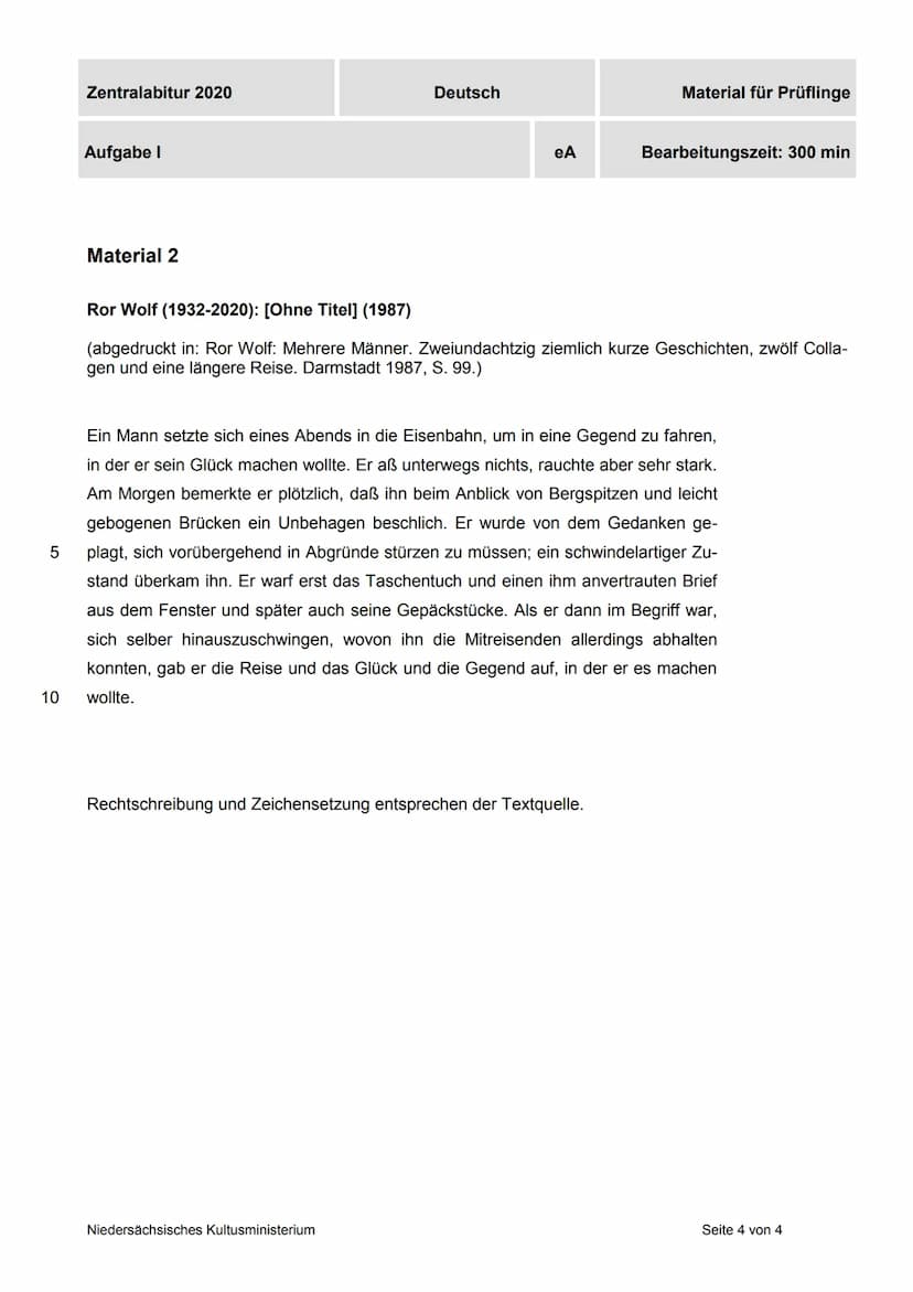 Zentralabitur 2020
Aufgabe I
Deutsch
Aufgabenart
Textbezogenes Schreiben: Interpretation literarischer Texte
eA
Gewichtung der Aufgaben:
Auf