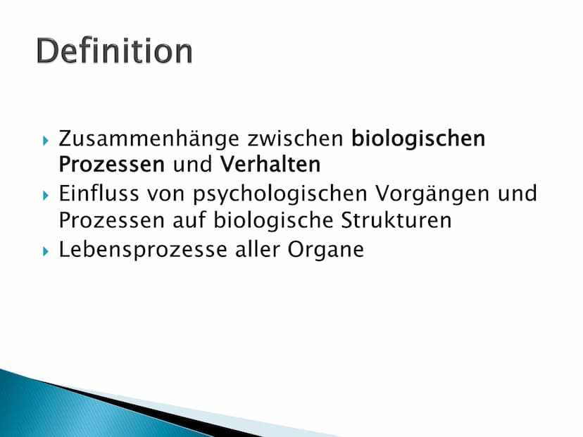 Biopsychologie Gliederung
▸ Definition
Die sechs zentralen Bereiche
Placebo-Effekt
Methoden
Geschichte Definition
▸ Zusammenhänge zwischen b