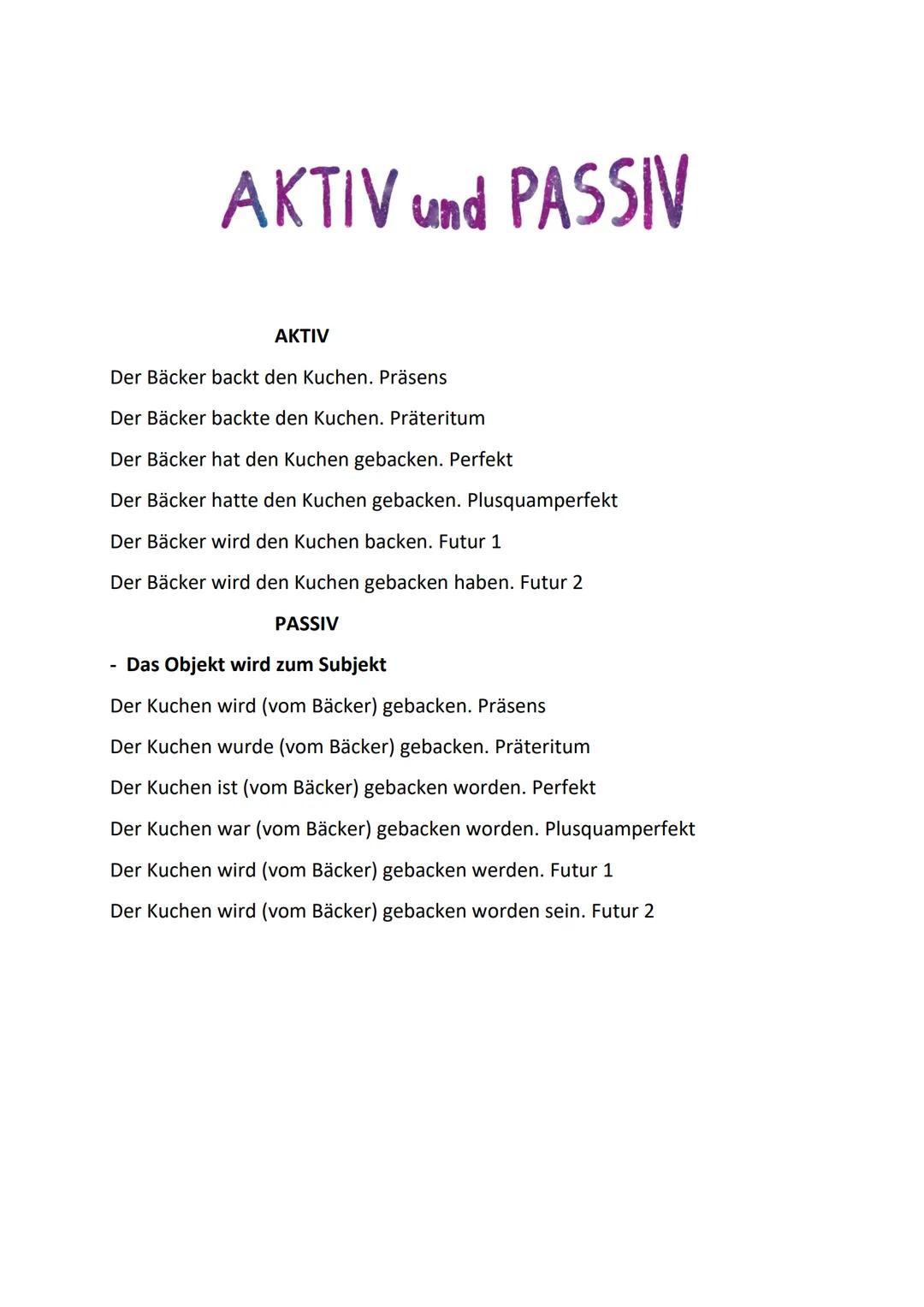 AKTIV und PASSIV
AKTIV
Der Bäcker backt den Kuchen. Präsens
Der Bäcker backte den Kuchen. Präteritum
Der Bäcker hat den Kuchen gebacken. Per
