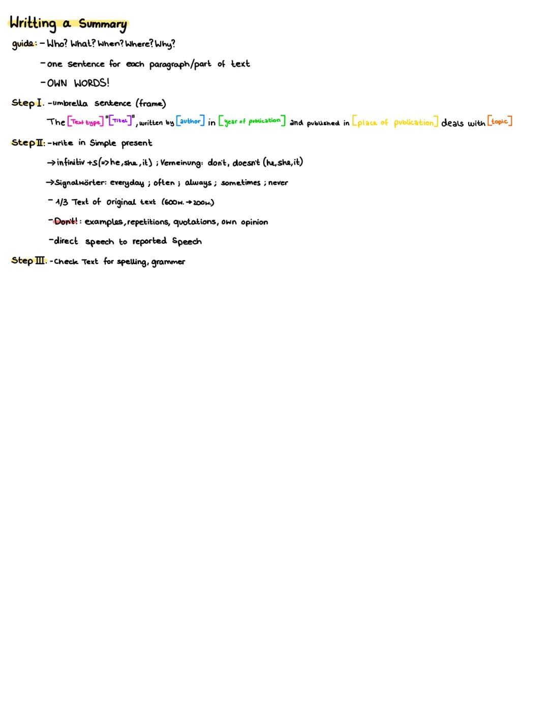 Writting a Summary
guide: -Who? What? When? Where? Why?
-one sentence for each paragraph/part of text
-OWN WORDS!
Step I. -umbrella sentence