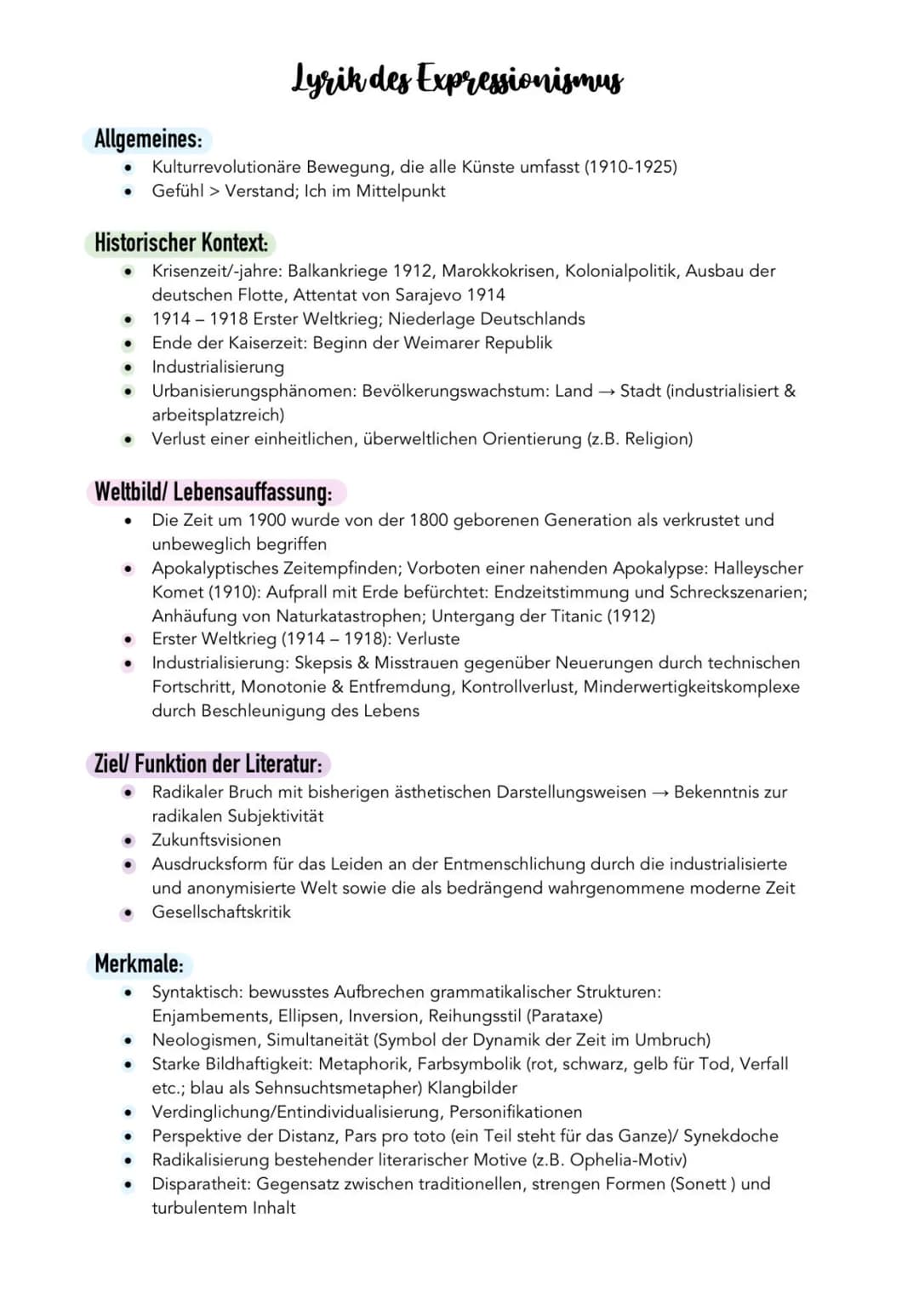 Lyrik des Expressionismus
Kulturrevolutionäre Bewegung, die alle Künste umfasst (1910-1925)
• Gefühl > Verstand; Ich im Mittelpunkt
Allgemei