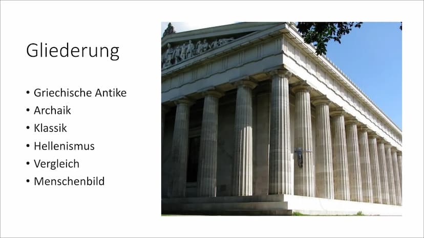 Cen
Griechische Antike
und ihre Kunstperioden Gliederung
●
●
●
Griechische Antike
Archaik
Klassik
Hellenismus
• Vergleich
• Menschenbild
Asy
