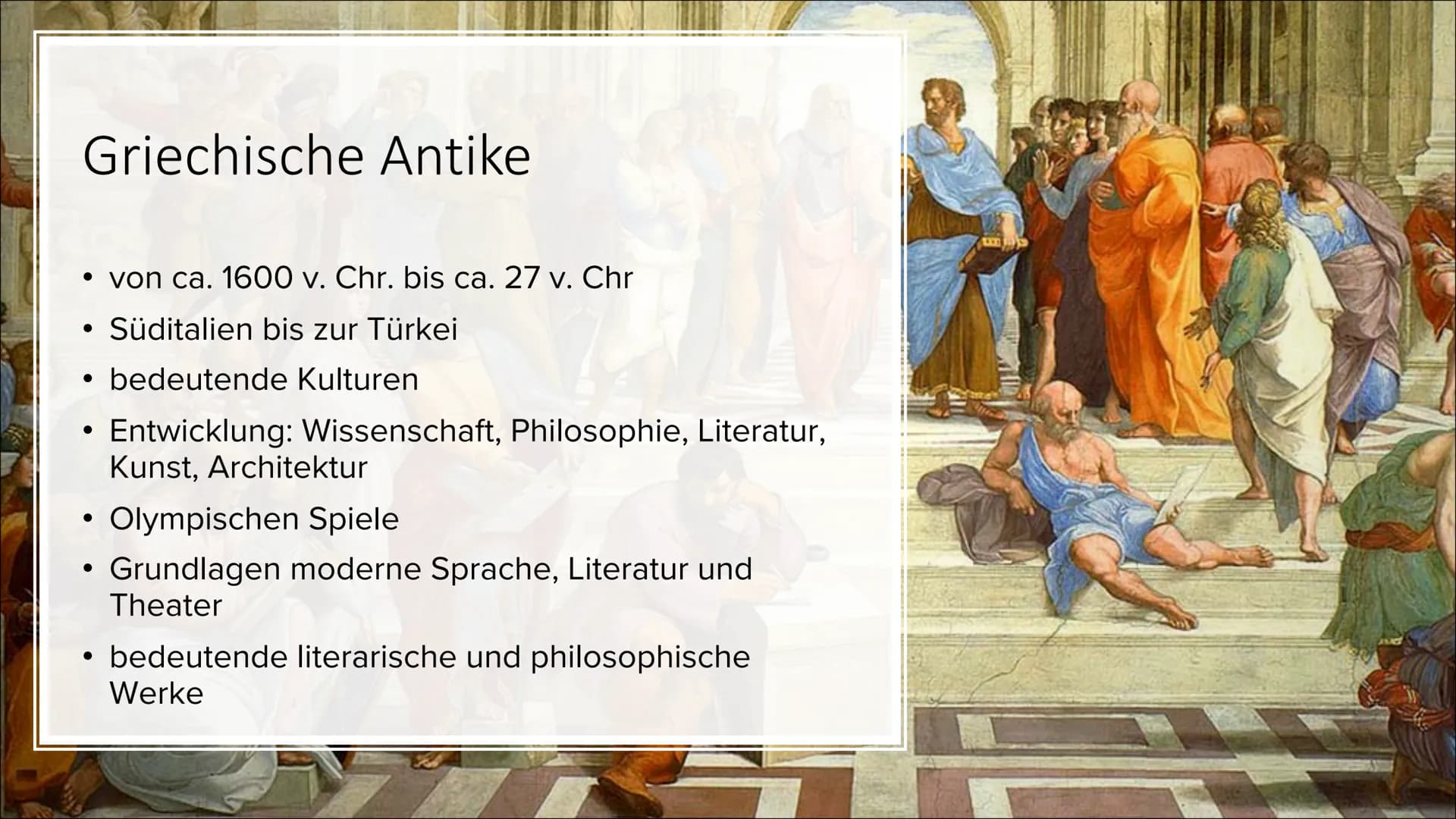 Cen
Griechische Antike
und ihre Kunstperioden Gliederung
●
●
●
Griechische Antike
Archaik
Klassik
Hellenismus
• Vergleich
• Menschenbild
Asy