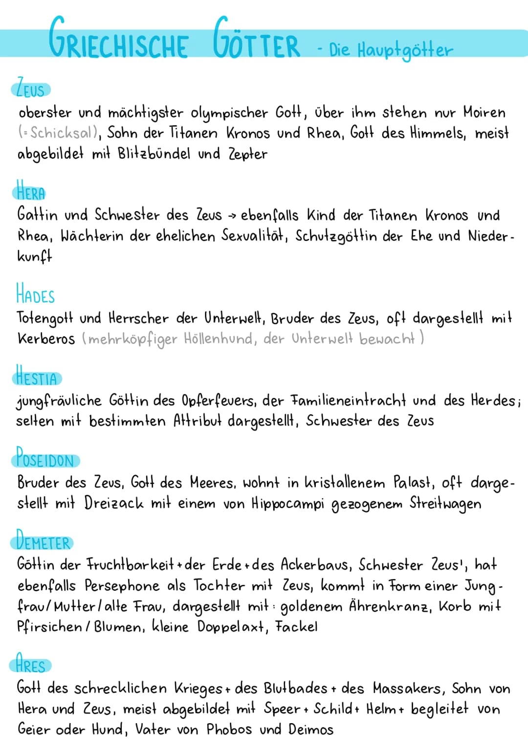 GRIECHISCHE GÖTTER
- Die Hauptgötter
ZEUS
oberster und mächtigster olympischer Gott, über ihm stehen nur Moiren
(-Schicksal), Sohn der Titan