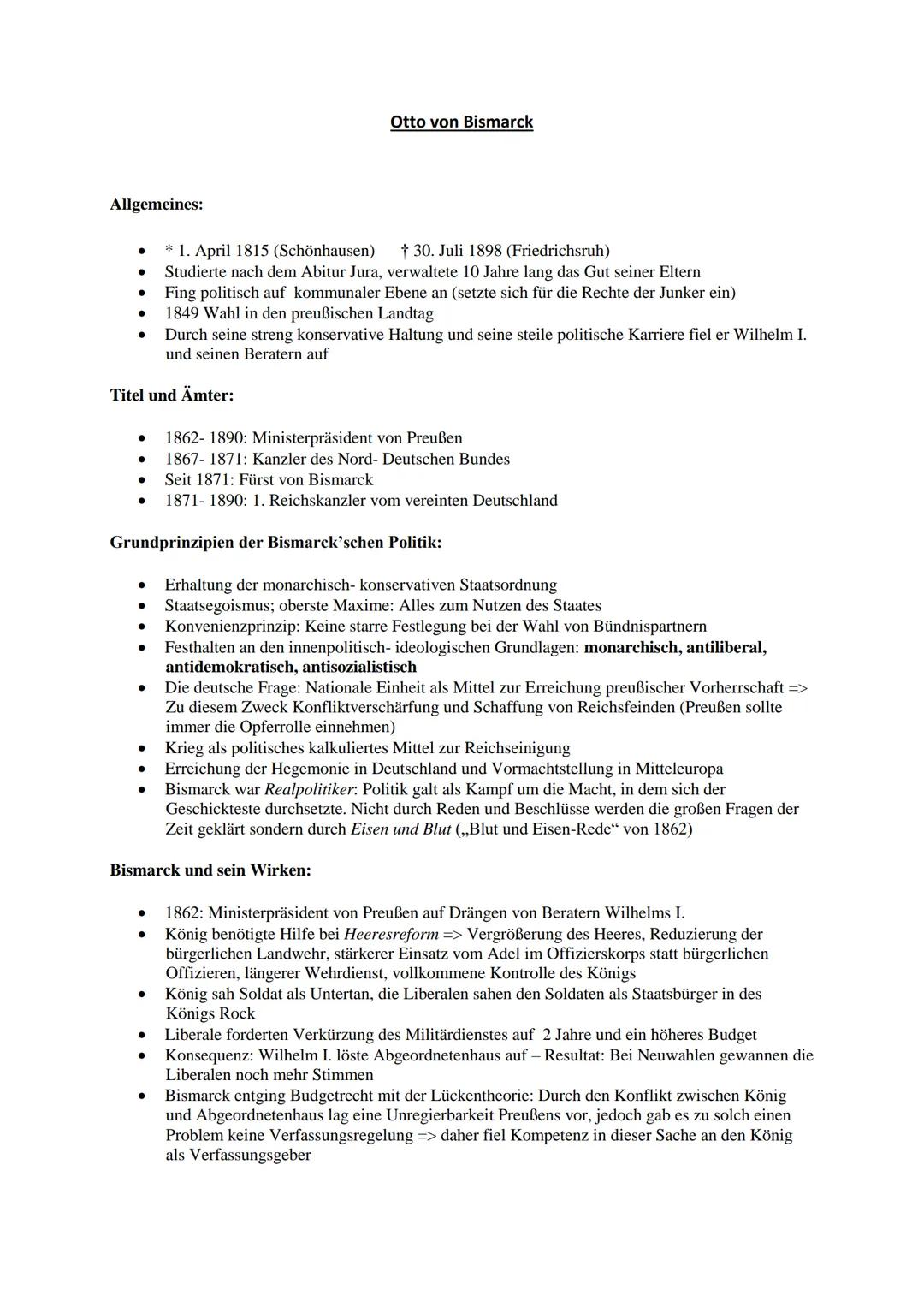 Allgemeines:
* 1. April 1815 (Schönhausen)
†30. Juli 1898 (Friedrichsruh)
● Studierte nach dem Abitur Jura, verwaltete 10 Jahre lang das Gut