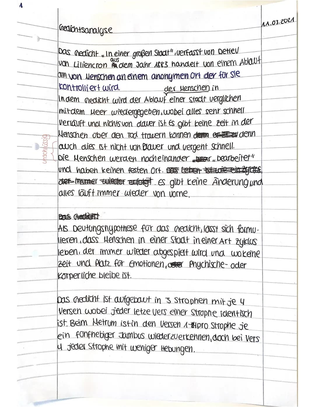 smsun
11.03.2021
Gedichtsanalyse
Das Gedicht. In einer großen Stadt", verfasst von Detlev
von Liliencron aus dem Jahr 1883 handelt von einem