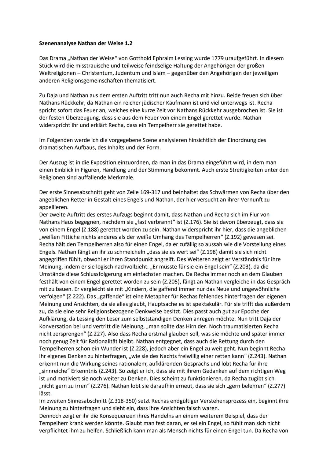 Szenenanalyse Nathan der Weise 1.2
Das Drama ,,Nathan der Weise" von Gotthold Ephraim Lessing wurde 1779 uraufgeführt. In diesem
Stück wird 