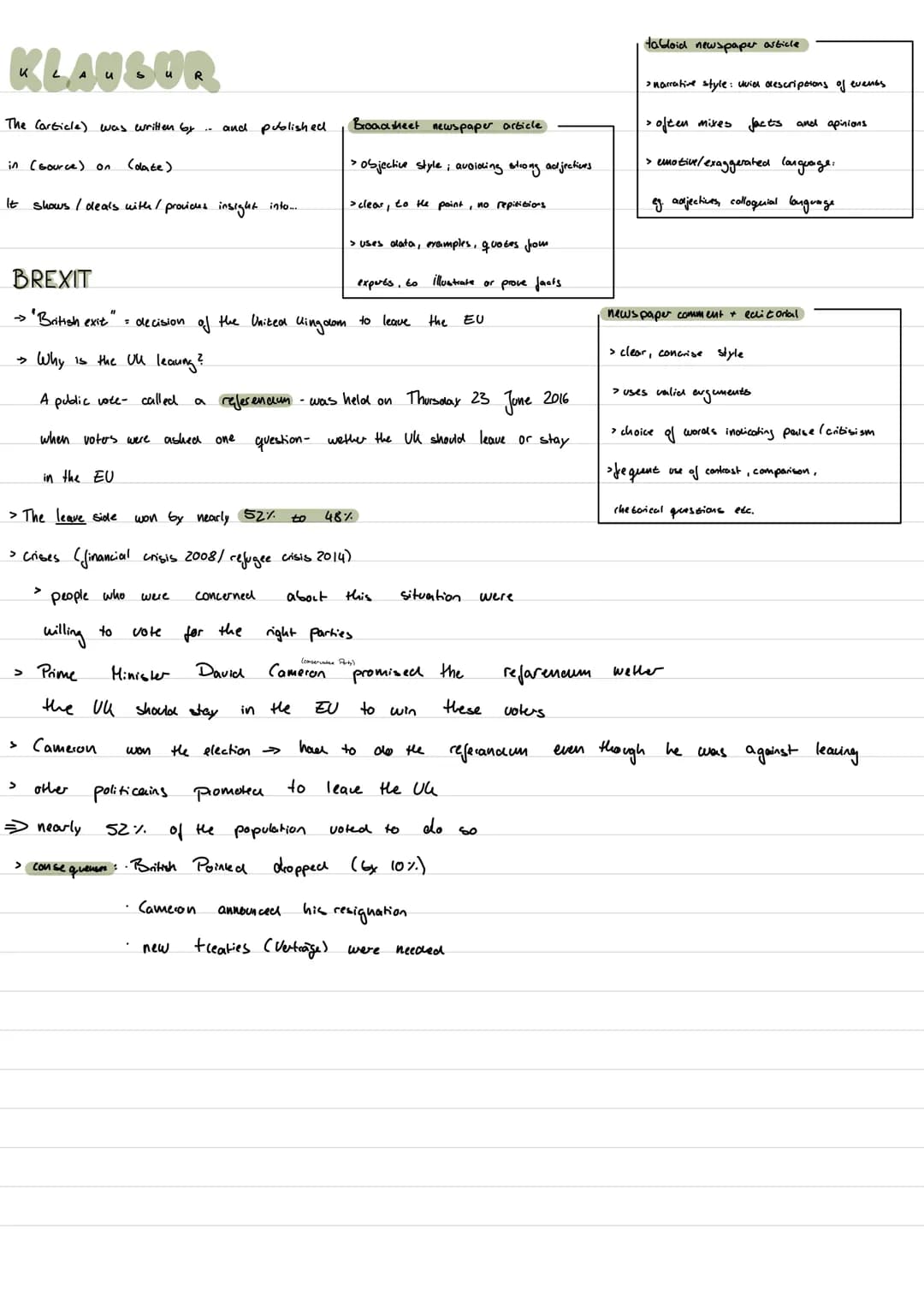 KLAU
Analysing
a news paper article
> Author, Litle, date, place.
> type of newspaper :
• types of article :
> choice
of
> intention :
news 