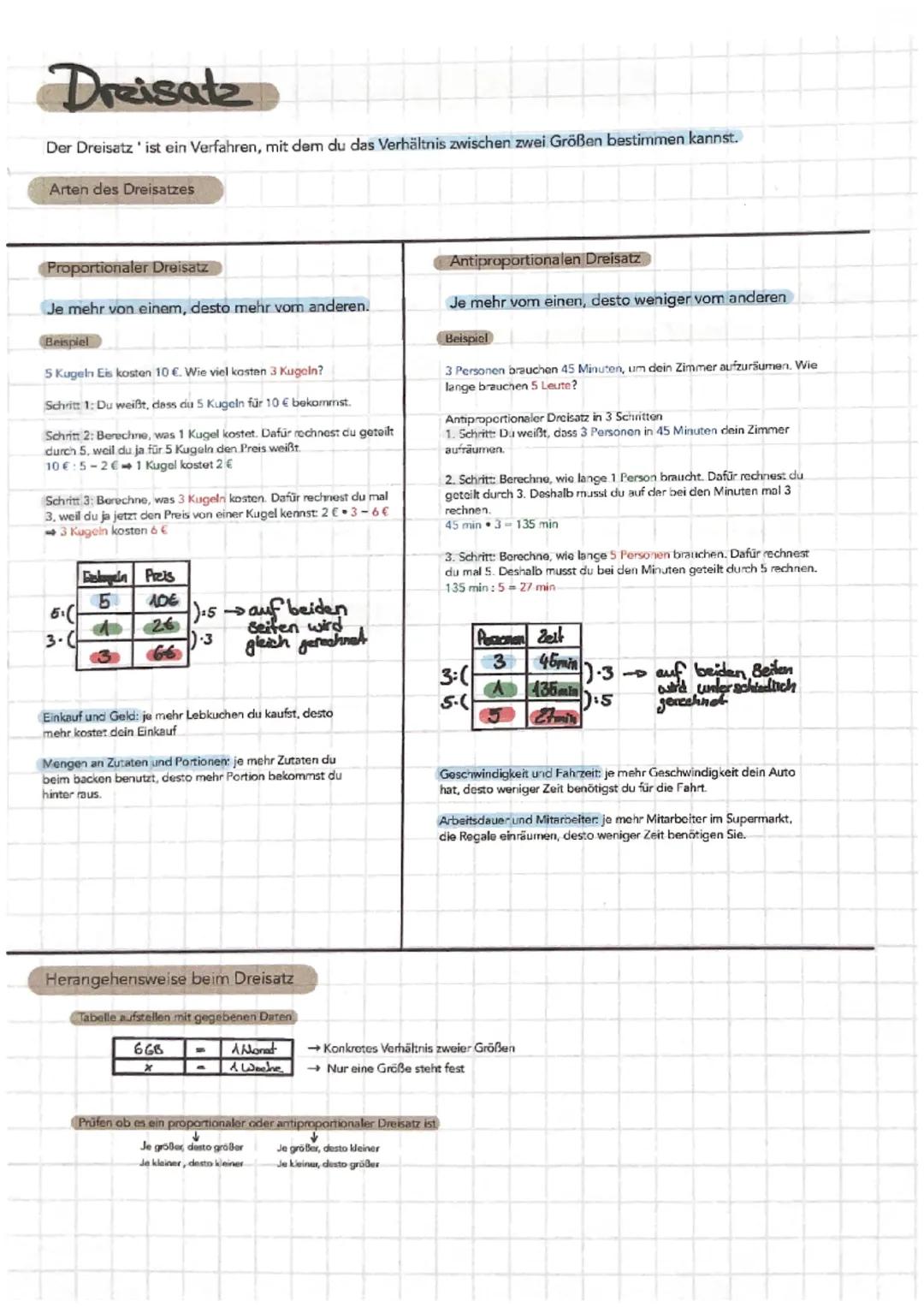 Dreisatz
Der Dreisatz' ist ein Verfahren, mit dem du das Verhältnis zwischen zwei Größen bestimmen kannst.
Arten des Dreisatzes
Proportional