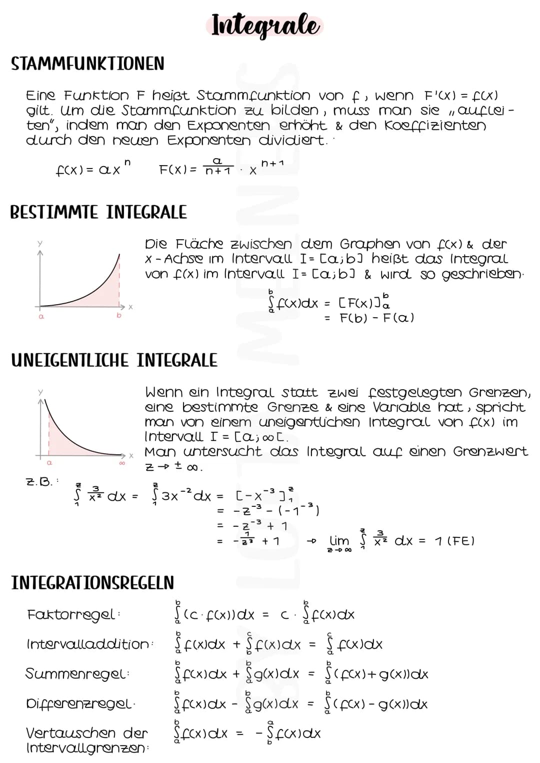 STAMMFUNKTIONEN
Eine Funktion F heißt Stammfunktion von f, wenn F'(x) = f(x)
gilt. Um die Stammfunktion zu bilden, muss man sie auflei-
ten"