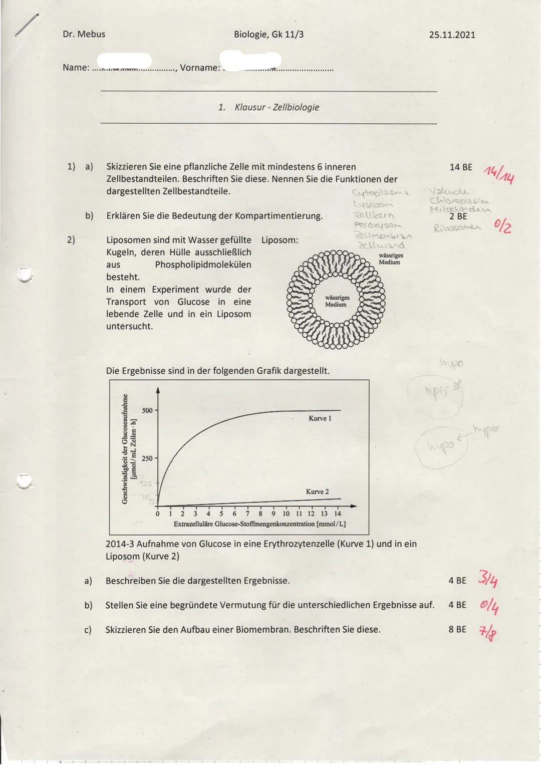 Dr. Mebus
Name:
1) a)
2)
b)
Skizzieren Sie eine pflanzliche Zelle mit mindestens 6 inneren
Zellbestandteilen. Beschriften Sie diese. Nennen 