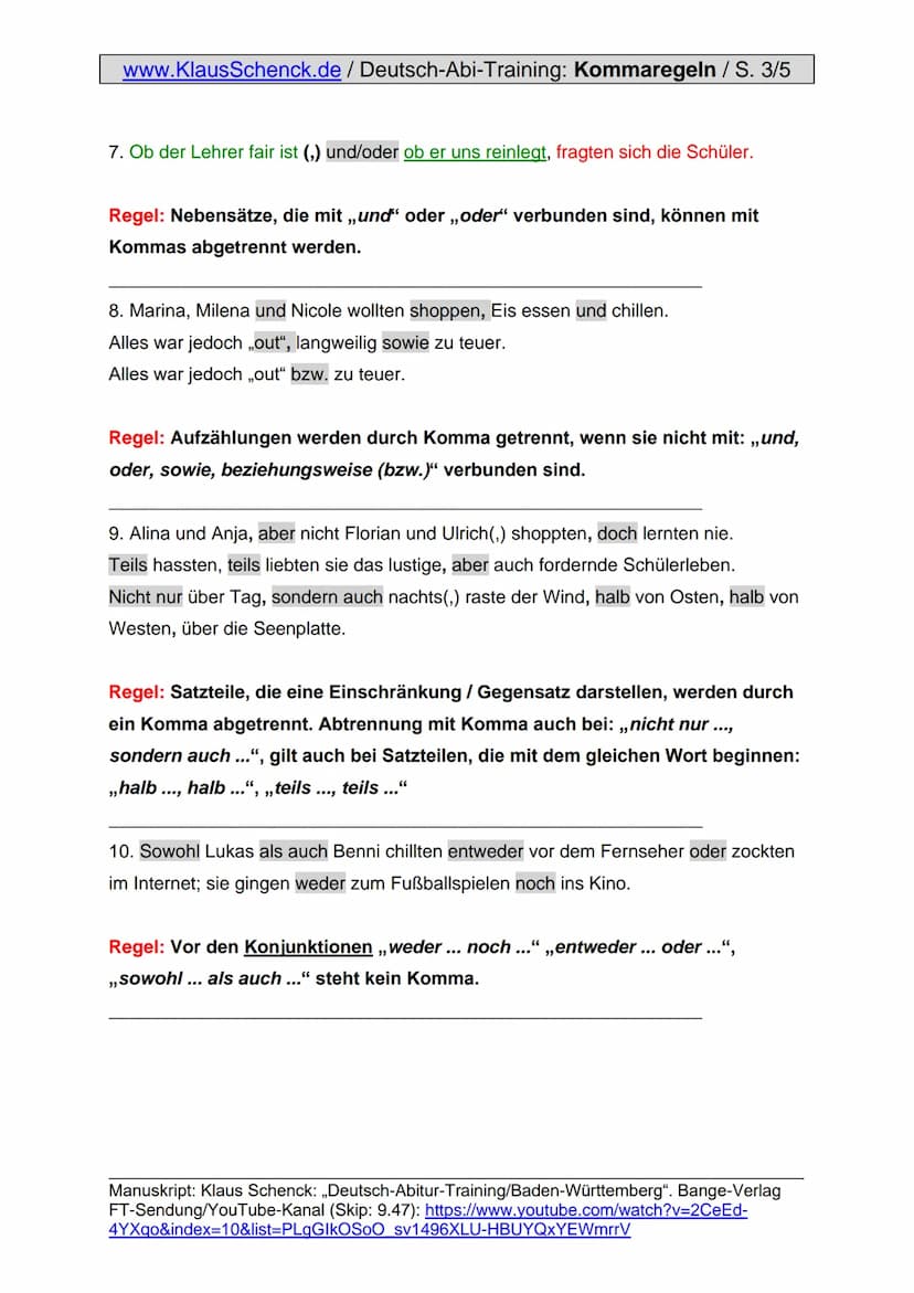 www.KlausSchenck.de / Deutsch-Abi-Training: Kommaregeln / S. 1/5
Zeichensetzung -
der Schwachpunkt ganzer Schülergenerationen!
Die Regeln wu