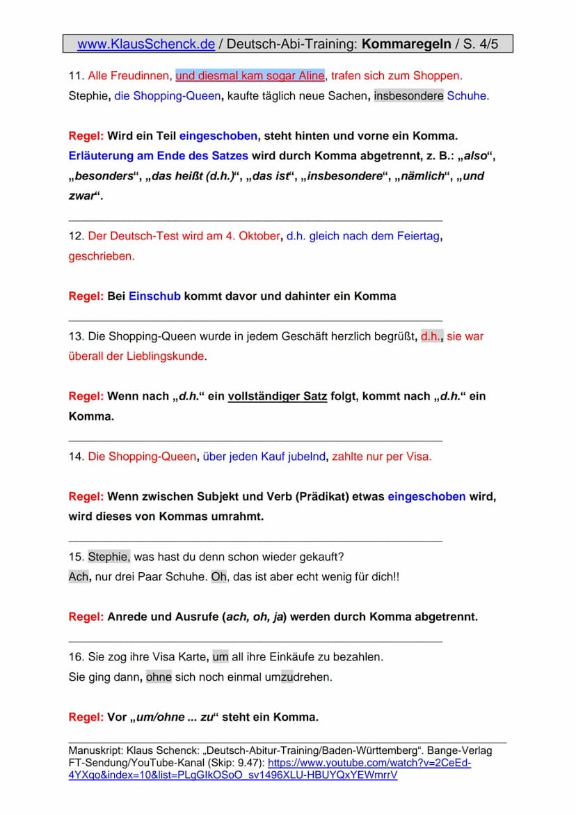 www.KlausSchenck.de / Deutsch-Abi-Training: Kommaregeln / S. 1/5
Zeichensetzung -
der Schwachpunkt ganzer Schülergenerationen!
Die Regeln wu