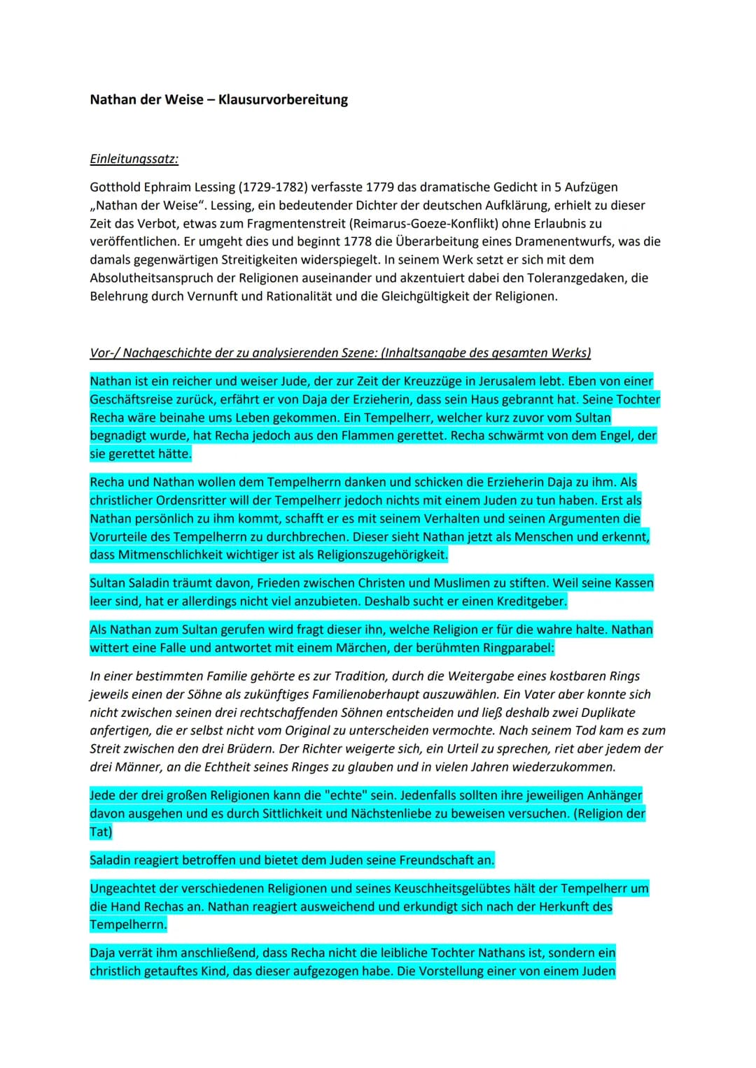 Nathan der Weise - Klausurvorbereitung
Einleitungssatz:
Gotthold Ephraim Lessing (1729-1782) verfasste 1779 das dramatische Gedicht in 5 Auf